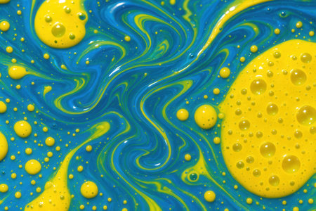 Abstract background of blue and yellow paint with bubbles in the water.の素材