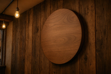 Wooden round signboard on the wall of the cafeの素材
