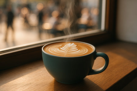 Cup of coffee with latte art on wooden table in coffee shopの素材