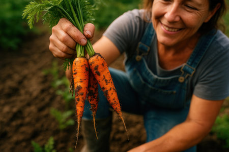 Close-up of senior woman holding bunch of fresh carrots in gardenの素材