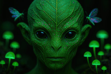 a green alien in a dark forestの素材