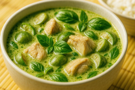 Green curry with chicken, rice and basil in bowl on bamboo matの素材