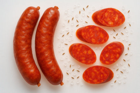 Sliced chorizo sausage on a white background, top viewの素材