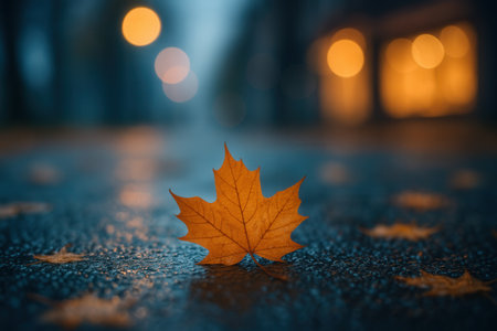 Autumn maple leaf on wet asphalt with lights in backgroundの素材