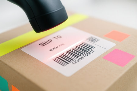 Close-up of a barcode scanner on a cardboard box.の素材
