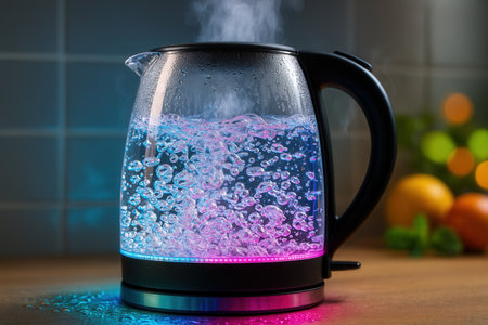 Electric kettle with boiling water and bubbles on a table in the kitchenの素材