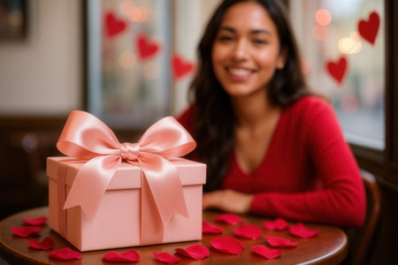 Happy young woman holding a gift box and rose petals in a cafeの素材