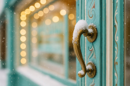 Wooden door handle with snow and bokeh lights on backgroundの素材