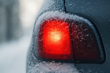 Red car taillight in the snow on a cold winter dayの素材