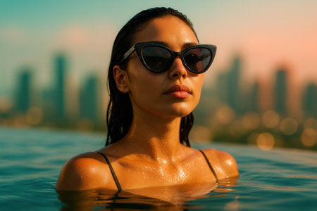 Portrait of young beautiful woman relaxing in swimming pool at sunset.の素材