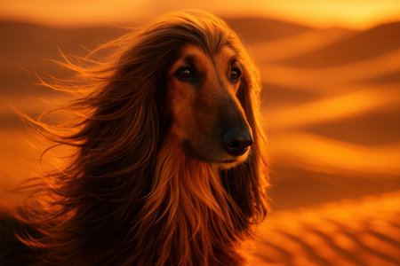 Portrait of a Afghan hound in the dunes at sunsetの素材