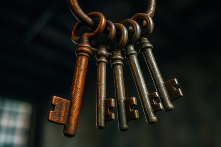 Old rusty keys on a dark background. Close-upの素材