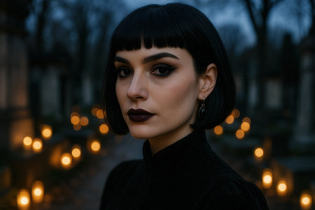 Portrait of a beautiful girl in a black coat on the streetの素材