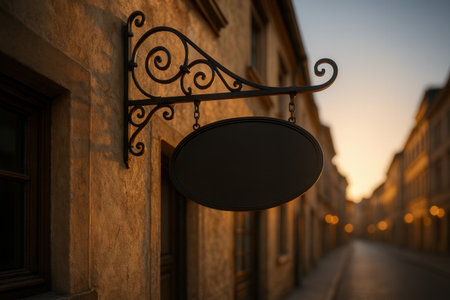 Empty black signboard hanging on the wall of an old buildingの素材