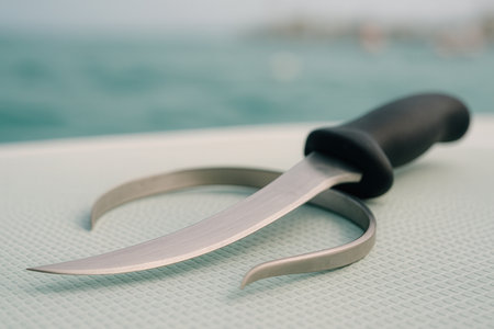 Close up of a knife lying on a table with the sea in the backgroundの素材