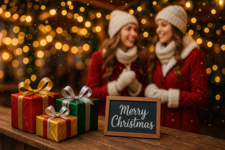 Two girls in warm sweaters and hats with christmas gifts on wooden tableの素材