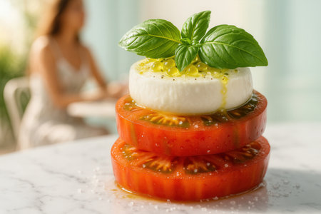 Delicious tomato salad with mozzarella and basil on table, closeupの素材