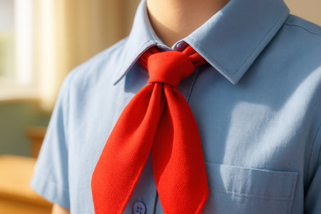 A close-up of a red Soviet pioneer tie on a young manの素材