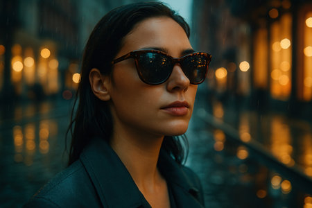 Portrait of a young woman in sunglasses on the background of the night city.の素材