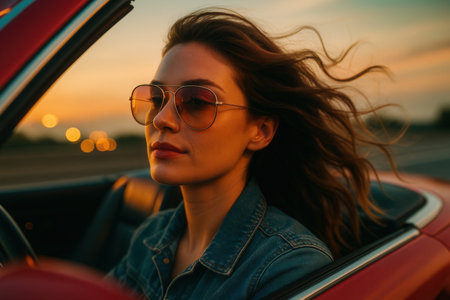beautiful young woman in sunglasses driving convertible car on road at sunsetの素材