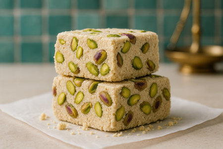 Traditional turkish delight with pistachios on a light background.の素材