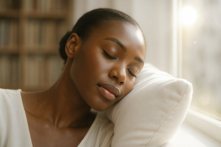 Young beautiful african american woman sleeping on the windowsill at homeの素材