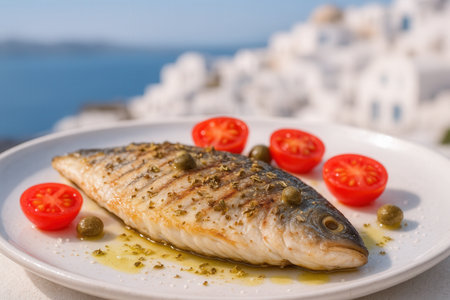 Grilled fish with tomatoes and capers on a white plate on the background of the seaの素材