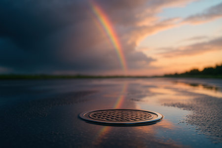 Rainbow over a manhole cover in the rain. Selective focus.の素材