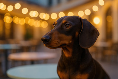 Portrait of a dachshund dog in the city.の素材