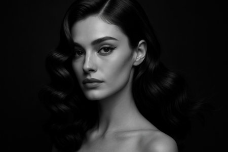 Black and white portrait of beautiful young woman with long wavy hairの素材