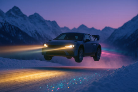Car driving on the road in the mountains at night.の素材