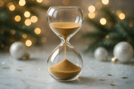Hourglass with golden sand and christmas tree branches on background.の素材