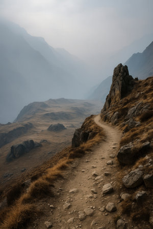 Trail in the mountains in the fogの素材