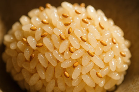 close up of rice in a wooden bowl on the tableの素材