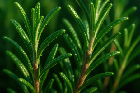Close up of rosemary leaves with water drops in the morning.の素材