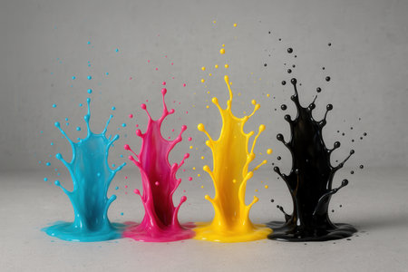 Colored paint splashes on grey backgroundの素材