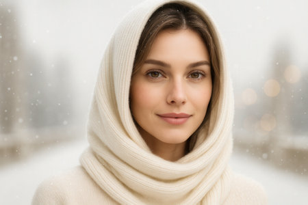 close up of beautiful young woman in white sweater over snowy street backgroundの素材