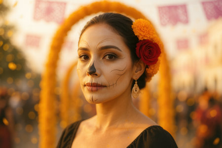 Beautiful young woman with sugar skull makeup on her faceの素材
