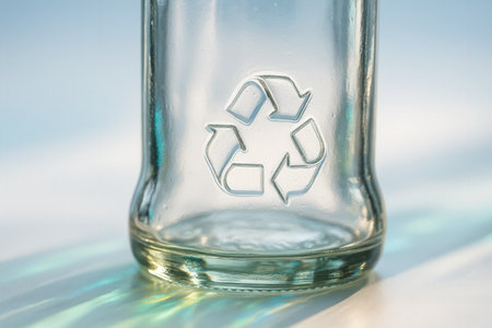 Clear Glass Bottle With Embossed Recycling Symbol In Sunlightの素材