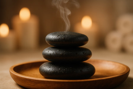 Steaming Spa Stones Stack In Wooden Bowl With Warm Candlelightの素材