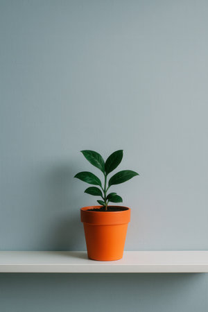 Green plant in orange pot on shelf against blue wall. Minimal style.の素材