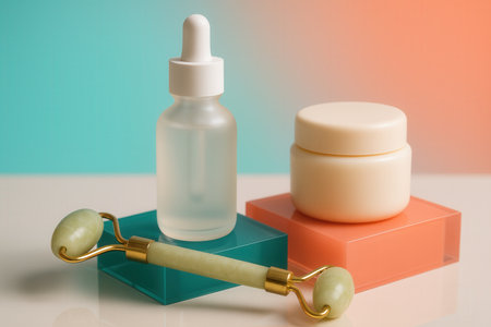 Modern Skincare Products and Jade Roller on Colorful Geometric Standsの素材