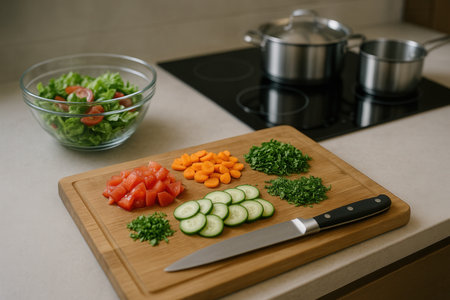 Sliced vegetables on a cutting board in the kitchen at homeの素材