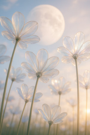 Dreamy Field of Translucent Glass Flowers under Large Full Moonの素材