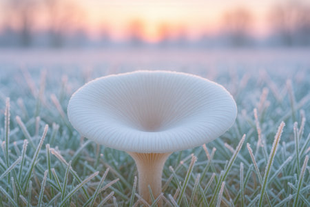White mushroom growing in the meadow at sunriseの素材