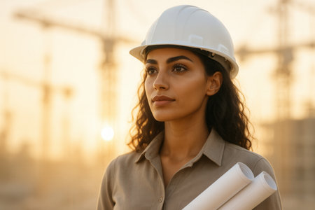 Portrait of a female engineer in a white helmet on a construction siteの素材