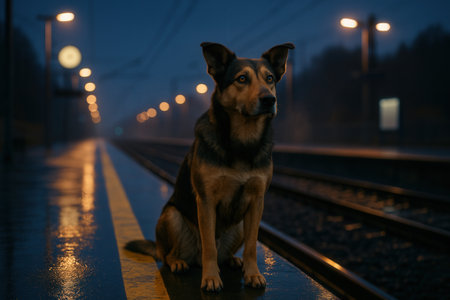 German shepherd dog sitting on railway tracks at nightの素材