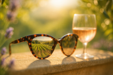 Sunglasses and wine glass on a table in a vineyardの素材