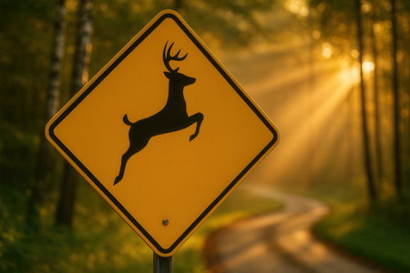 Deer warning sign on a road in the forest at sunset.の素材