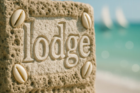 Closeup of the lettering Lodge on a stone at the beachの素材
